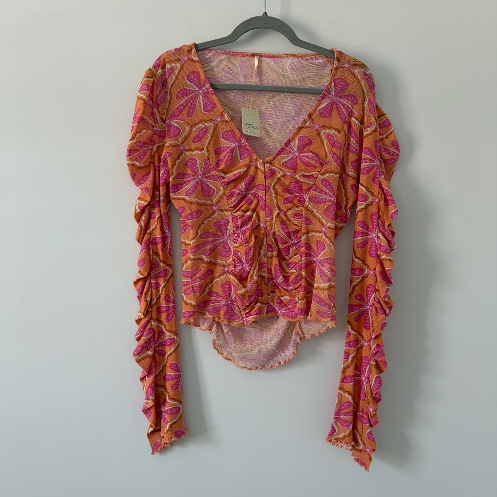 Free People Through the Meadow V Neck Floral Long Sleeve Top Pink Orange M NWT